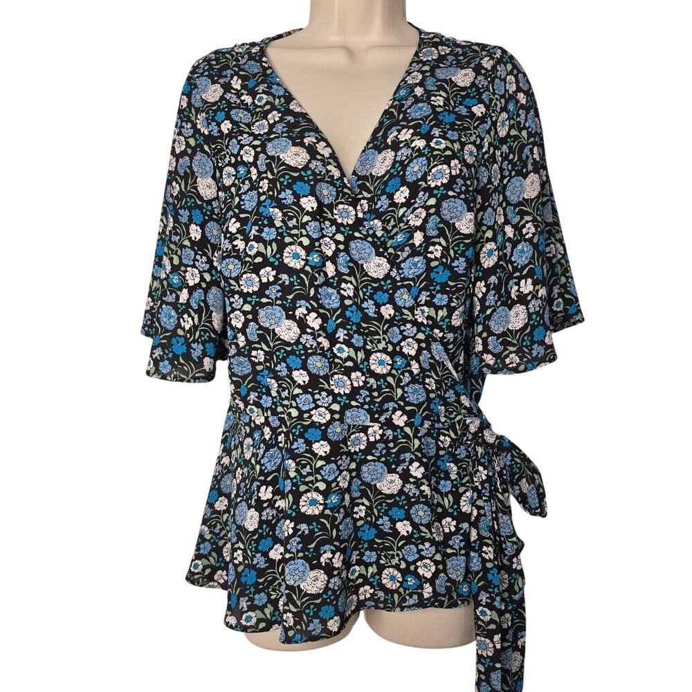 LOFT Kimono Blouse Womens Large Black Floral Wrap Tie Waist Peplum Boho Top